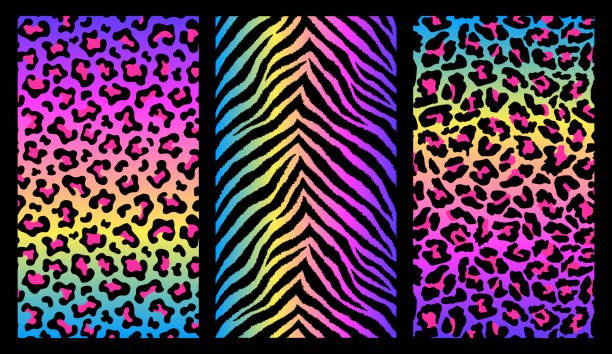 Set of 3 colorful vertical animal fur prints. Animalistic backgrounds. Detailed textures for posters, covers, etc. Rainbow gradients. Set of 3 colorful vertical animal fur prints. Animalistic backgrounds. Detailed textures for posters, covers, etc. Rainbow gradients. animal pattern stock illustrations