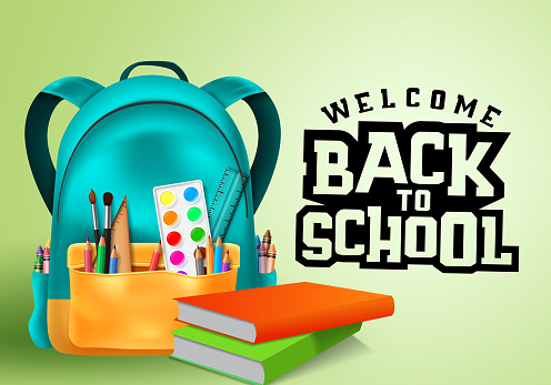 Welcome back to school vector banner design. Welcome back to school typography in blank space for text with colorful school supplies and education elements like school bag, books, pencil and crayons in green background. Vector illustration.