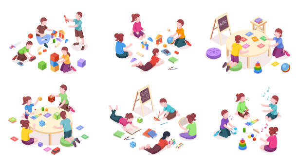 ilustrações de stock, clip art, desenhos animados e ícones de children playing, isometric elements, kindergarten education and leisure activity. children playing toys, music instruments and alphabet cubes, reading books and painting, isometric illustration set - blackboard teaching preschool alphabet