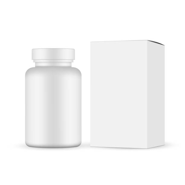 ilustrações de stock, clip art, desenhos animados e ícones de plastic pills jar with cardboard box mockup isolated on white background - bottle vitamin pill nutritional supplement white