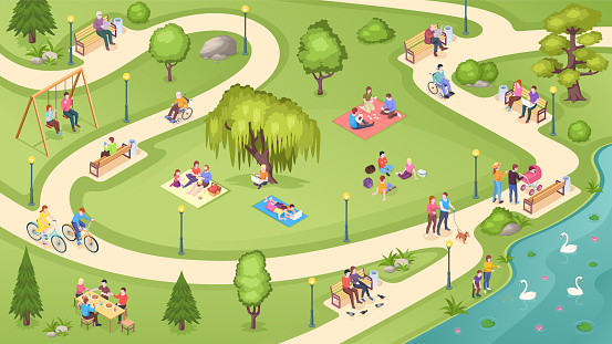 People in city park, family rest, summer picnic and leisure activity, isometric vector background. People in public park, sitting on bench, reading books under tree, walking and feeding swans in pond