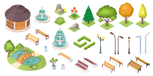 Park trees and landscape elements set, vector isolated isometric icons. Park and garden landscaping constructor, isometric trees, ponds and benches, fountain, plants and flowers, grass and hedges