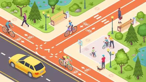 Vector illustration of Bicycle path and bike road lane in city street, vector isometric illustration. Urban traffic road lane with biking, pedestrian and transport path, crossing marking and children bicycle playground