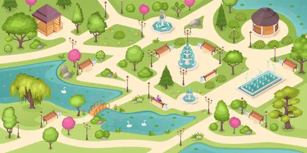 Vector illustration of City park summer, isometric vector background with trees, lawns and fountains. Empty urban city park landscape, people sitting on bench, gazebo pavilions, flowerbeds and swans in pond with bridge