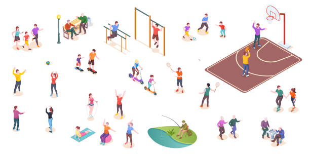 ilustrações de stock, clip art, desenhos animados e ícones de people in park, sport activity and leisure games, vector isometric isolated set. kids playing football, tennis and volleyball, workout sport ground, family jogging, people playing chess and fishing - partida desporto ilustrações