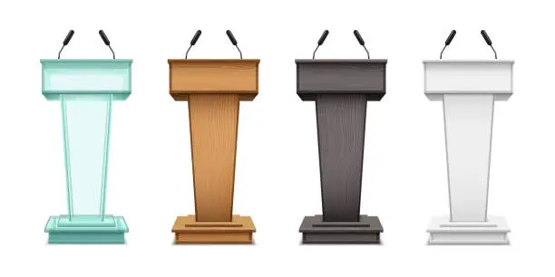 Vector illustration of Podium tribunes, vector realistic isolate set on white background. Speaker tribunes, ceremony, presentation or debates speech podiums with microphones of glass, brown and black wood