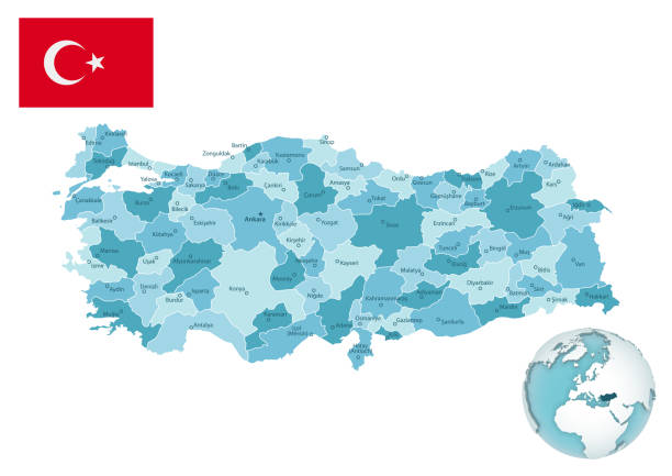 stockillustraties, clipart, cartoons en iconen met de administratieve blauw-groene kaart van turkije met landvlag en plaats op een bol. - turkije