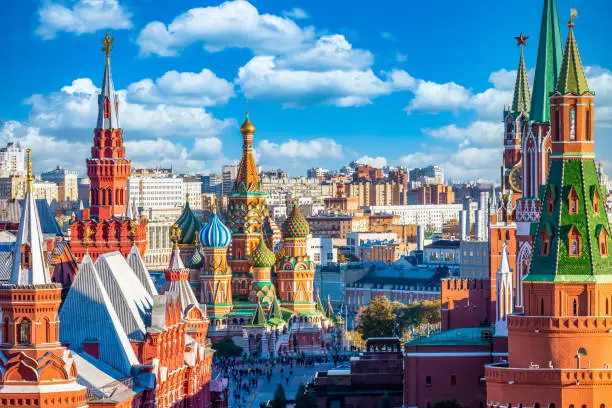 Photo of Red Square with Moscow Kremlin and St Basil's Cathedral, Historical buildings ancient architecture  national landmark. tourist dream destination, Moscow, Russia.