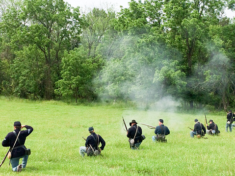 Philadelphia, PA, USA - July, 6, 2019, american civil war reenactment camp and battlefield soldiers