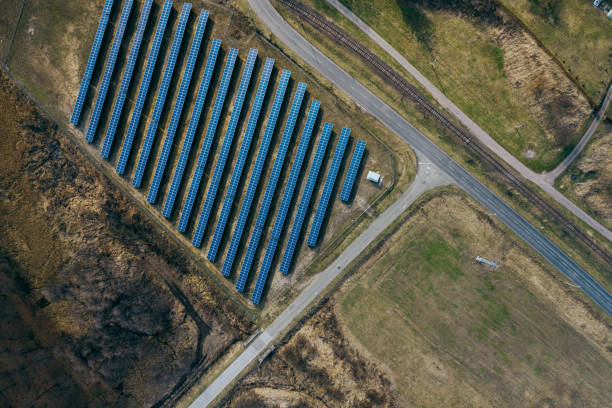 istock Aerial view of solar panels 1219713454