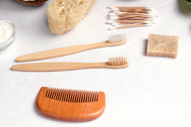 istock wooden bath accessories close-up. Zero waste concept 1219713480