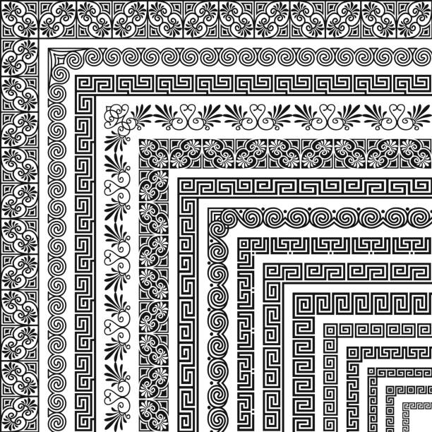 Vector set of corner brushes, ethnic greek meander pattern. Wide and narrow classical ornament in Hellenic style for the design of frames, boarders, edging, certificate, menu, invitation, wedding card