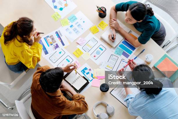 Brainstorm Planing Creative Asian Teamwork Group Of Asia Mobile Phone App Developer Team Meeting For Share Ideas About Screen Display Prototype Layout For Smartphone Ui Ux Startup Small Business Top View Stock Photo - Download Image Now