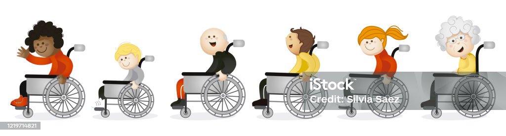Happy Disable People In A Wheelchair Line Group Stock Illustration ...