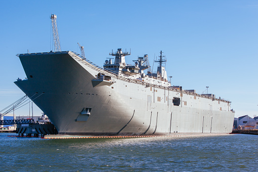 Melbourne, Australia - 17 December 2013: HMAS Canberra is docked in Port Philip Bay near Melbourne Victoria Australia
