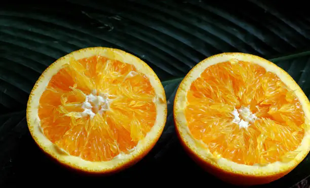 Close up from high view of yellow orange fruit cut two in half, freshness raw fruit of citrus that rich vitamin c, good for health on wooden background