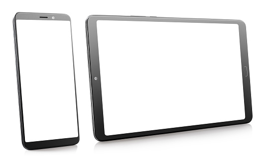 Teléfono inteligente y tablet negros con pantallas blancas en blanco photo