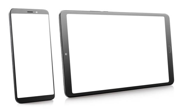 smartphone e tablet neri con schermi bianchi su bianco - tablet foto e immagini stock