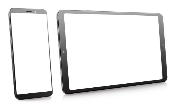 istock Black smartphone and tablet with white screens on white 1219717278