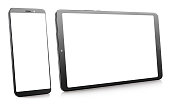Black smartphone and tablet with white screens on white