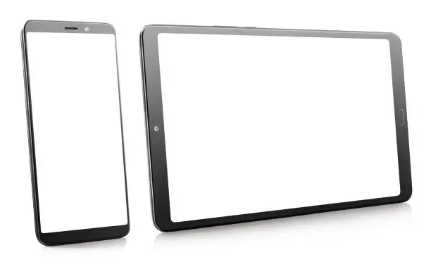 Black smartphone and tablet with white screens, isolated on white background