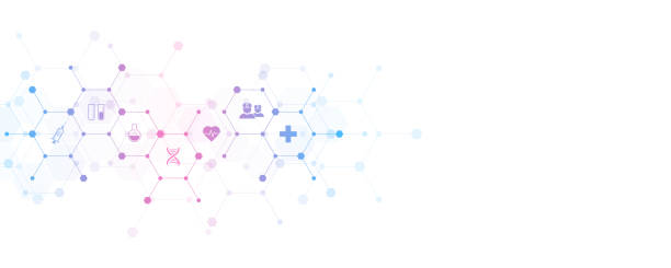 ilustrações, clipart, desenhos animados e ícones de fundo abstrato da medicina com ícones planos e símbolos. modelo de design com conceito e ideia para tecnologia em saúde, medicina de inovação, saúde, ciência e pesquisa. ilustração vetorial. - 5087