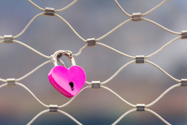 istock Close focus on pink lock hanging on metal net fence. 1219718832