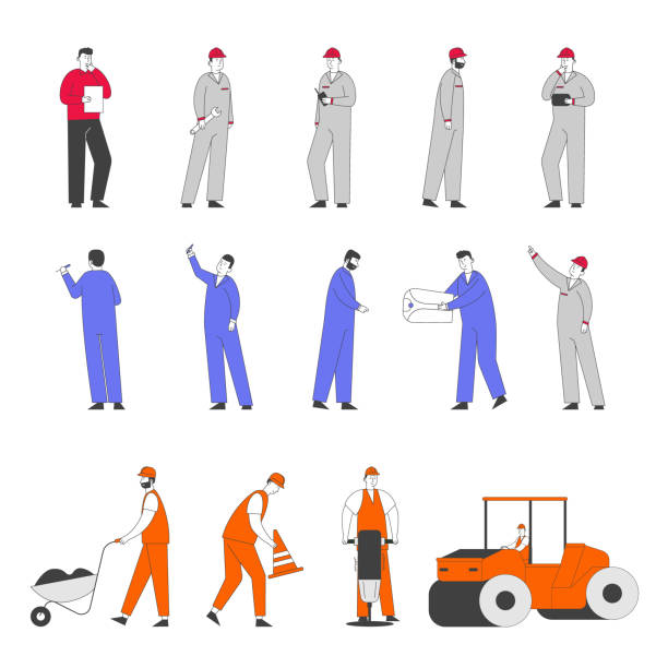 Set of Workers Characters on Road Repair and Construction Works. Roller Machine Rolling Ground, Builders Remove Soil and Asphalt with Wheelbarrow and Jackhammer. Linear People Vector Illustration Set of Workers Characters on Road Repair and Construction Works. Roller Machine Rolling Ground, Builders Remove Soil and Asphalt with Wheelbarrow and Jackhammer. Linear People Vector Illustration bagger stock illustrations