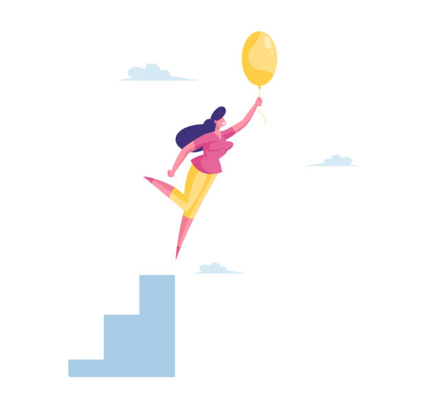 Businesswoman Character Flying with Air Balloon in Air. Inspiration, Progress and Creative Solution Concept. Business Woman Adventure, Career Growth and Escaping Crisis. Cartoon Vector Illustration Businesswoman Character Flying with Air Balloon in Air. Inspiration, Progress and Creative Solution Concept. Business Woman Adventure, Career Growth and Escaping Crisis. Cartoon Vector Illustration courage illustrations stock illustrations