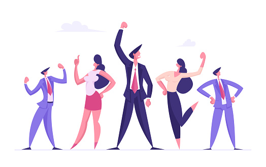 Businesspeople Team Celebrate Project Development and Reach Target in Office. Business Characters Deal Success Celebration. Company Teamwork Collaboration, People Rejoice. Cartoon Vector Illustration