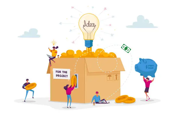 Vector illustration of Crowdfunding Concept. Tiny People Insert Golden Coins to Huge Carton Box with Glowing Light Bulb. Investor Characters Collect Money for Startup Business Idea Development. Cartoon Vector Illustration