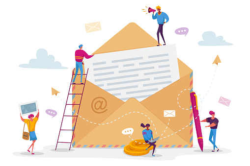 People Writing E-mail Letter Concept. Tiny Male Female Characters with Pen and Postage Stamp Put Paper with Text into Huge Envelope. Electronic Mail Communication. Cartoon People Vector Illustration