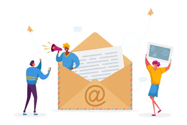 Vector illustration of People Writing Digital Letters Concept. Tiny Male and Female Characters with Smartphone, Megaphone and Postage Stamp Put Paper with Text into Huge Envelope with Et Symbol. Cartoon Vector Illustration