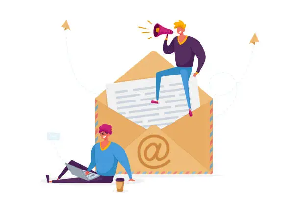 Vector illustration of People Writing and E-mail Letter Concept. Tiny Male Characters with Laptop and Loudspeaker Stand at Huge Envelope with Et Symbol and Paper inside. Electronic Mail Message. Cartoon Vector Illustration