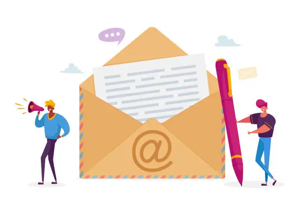 Vector illustration of People Send E-Mail to Friends or Colleagues Concept. Tiny Male Characters Stand at Huge Envelope with Et Symbol and Letter with Text, Man with Megaphone Email Notification. Cartoon Vector Illustration