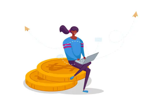 Vector illustration of Woman Freelancer Character Working on Laptop Sitting on Huge Pile of Golden Coins Thinking of Tasks. Freelance Outsourced Employee Occupation Work Activity, Online Service. Cartoon Vector Illustration