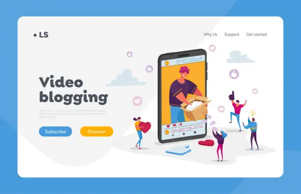 Vector illustration of Characters Watch Broadcasting Expertise for Product Landing Page Template. Modern Influencer, Fashion Blogger Recording Video on Smartphone Unpacking Cardboard Box. Cartoon People Vector Illustration