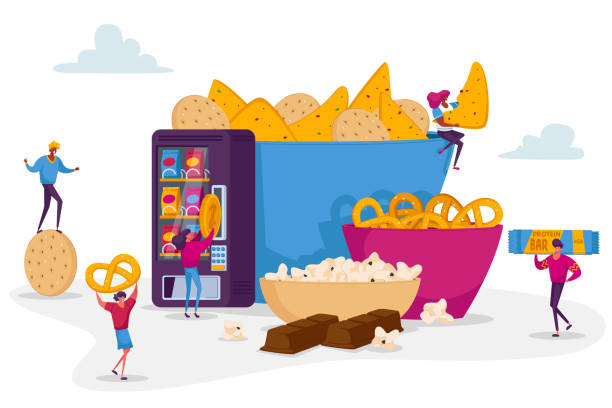 illustrazioni stock, clip art, cartoni animati e icone di tendenza di concetto di snack per le persone. piccoli personaggi maschili e femminili che godono di diversi antipasti secchi pop corn, pretzel biscuits chips sweets bar e ciambelle nel distributore automatico. illustrazione vettoriale cartone animato - spuntino