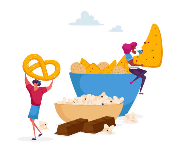 Tiny Female Character Taking Cookies and Pretzel from Huge Plate, Chocolate Bar below. People Eating Snack and Fast Food in Cafe, Junk Meal and Unhealthy Nutrition Concept. Cartoon Vector Illustration Tiny Female Character Taking Cookies and Pretzel from Huge Plate, Chocolate Bar below. People Eating Snack and Fast Food in Cafe, Junk Meal and Unhealthy Nutrition Concept. Cartoon Vector Illustration big plate of food stock illustrations