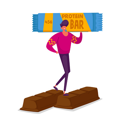 Snack Products Sweets Lovers and Sweet-Tooth People Concept. Tiny Male Character Holding Huge Protein Bar Stand on Chocolate. High Level Carbs Sugar and Glucose Production. Cartoon Vector Illustration
