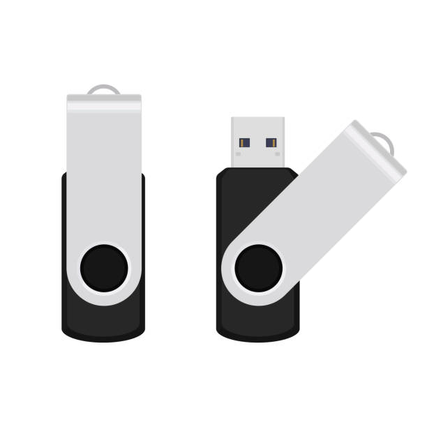 ilustraciones, imágenes clip art, dibujos animados e iconos de stock de negro usb unidad flash girar y girar clip. ilustración vectorial aislada sobre fondo blanco - usb memory