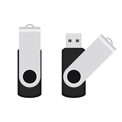 Black USB flash drive with twist and turn metal clip. Simple flat vector illustration isolated on white background