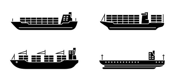 Set of large cargo ships. Modern container sea vessel. Set of large cargo ships. Modern container sea vessel. Vector illustration. barge stock illustrations