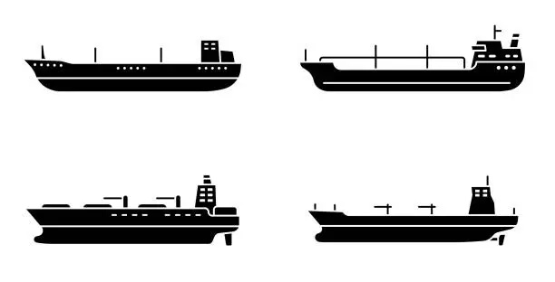 Vector illustration of Set of large tanker ships. Modern tanker sea vessel.