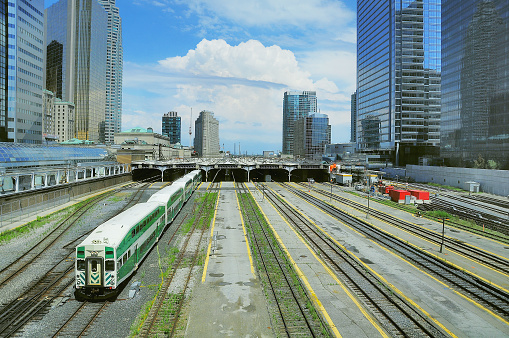 Passenger diesel train departs from Toronto Union station. Canada.