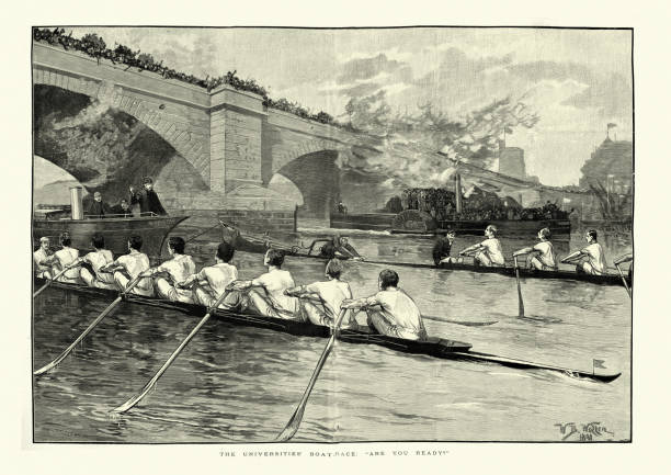 ilustrações, clipart, desenhos animados e ícones de a corrida de barcos entre oxford e universidade de cambridge, 1891 - thames river illustrations