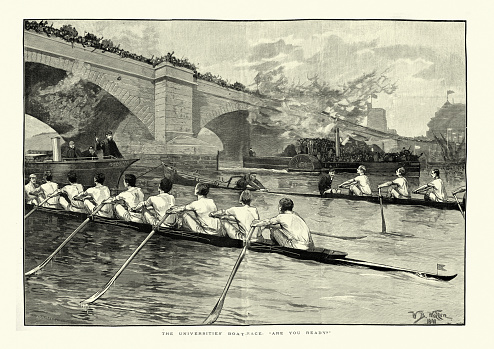 Vintage engraving of the University boat race: are you ready, 1891, 19th Century. The Boat Race is an annual rowing race between the Cambridge University Boat Club and the Oxford University Boat Club.  Umpired by former Oxford rower Frank Willan, pre-race favourites Oxford won by half-a-length in a time of 21 minutes 48 seconds.