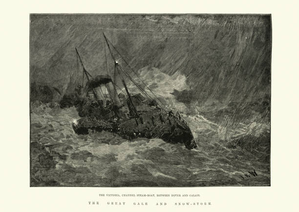 istock Victorian steamboat crossing the Englsih channel in a storm, 19th Century 1219720938