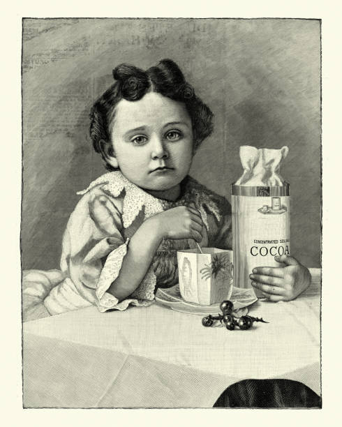 Vintage engraving of Young child drinking a cup of hot chocolate, Victorian, 19th Century