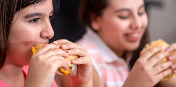 nastolatki dziewczyny w pomieszczeniu jedzą hamburgera - overweight child eating hamburger zdjęcia i obrazy z banku zdjęć